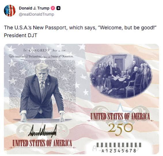 Ο Τραμπ αποκαλύπτει το νέο διαβατήριο με το πορτρέτο του: «Καλώς ήρθατε, αλλά να είστε καλοί»